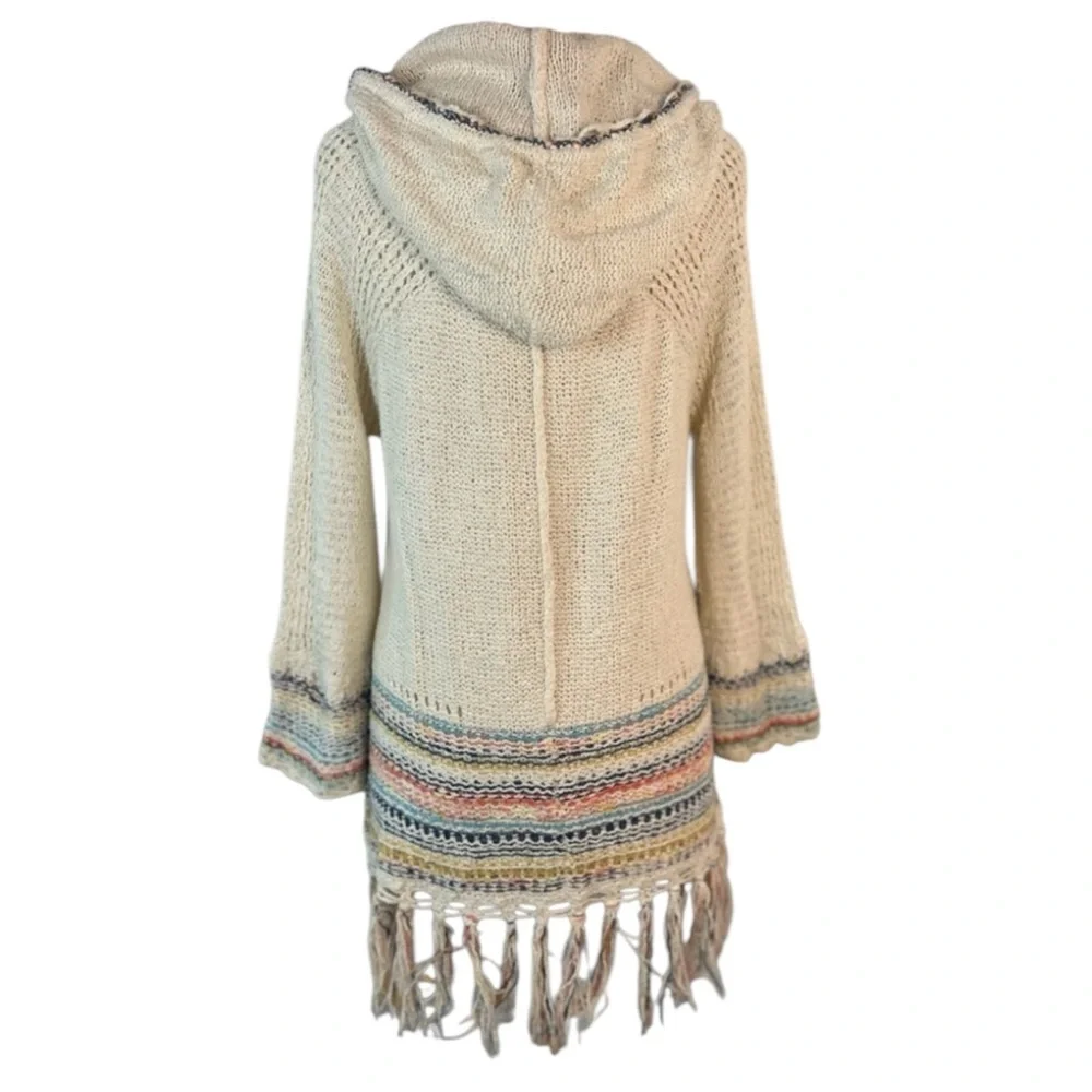 Free People Knit Crochet Hooded Pullover Tah-Loo Fringe Tunic Sweater Boho Indie - Picture 4 of 8